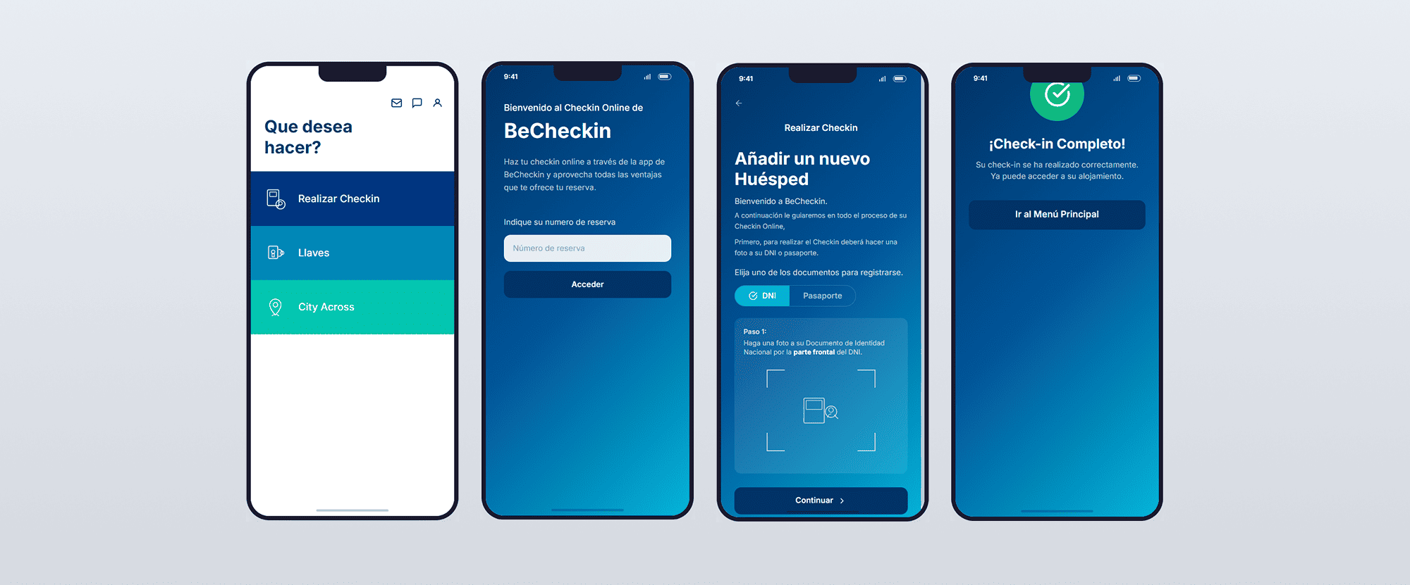 Four phone screens showing steps of the BeCheckin app for online hotel check-in and guest registration.