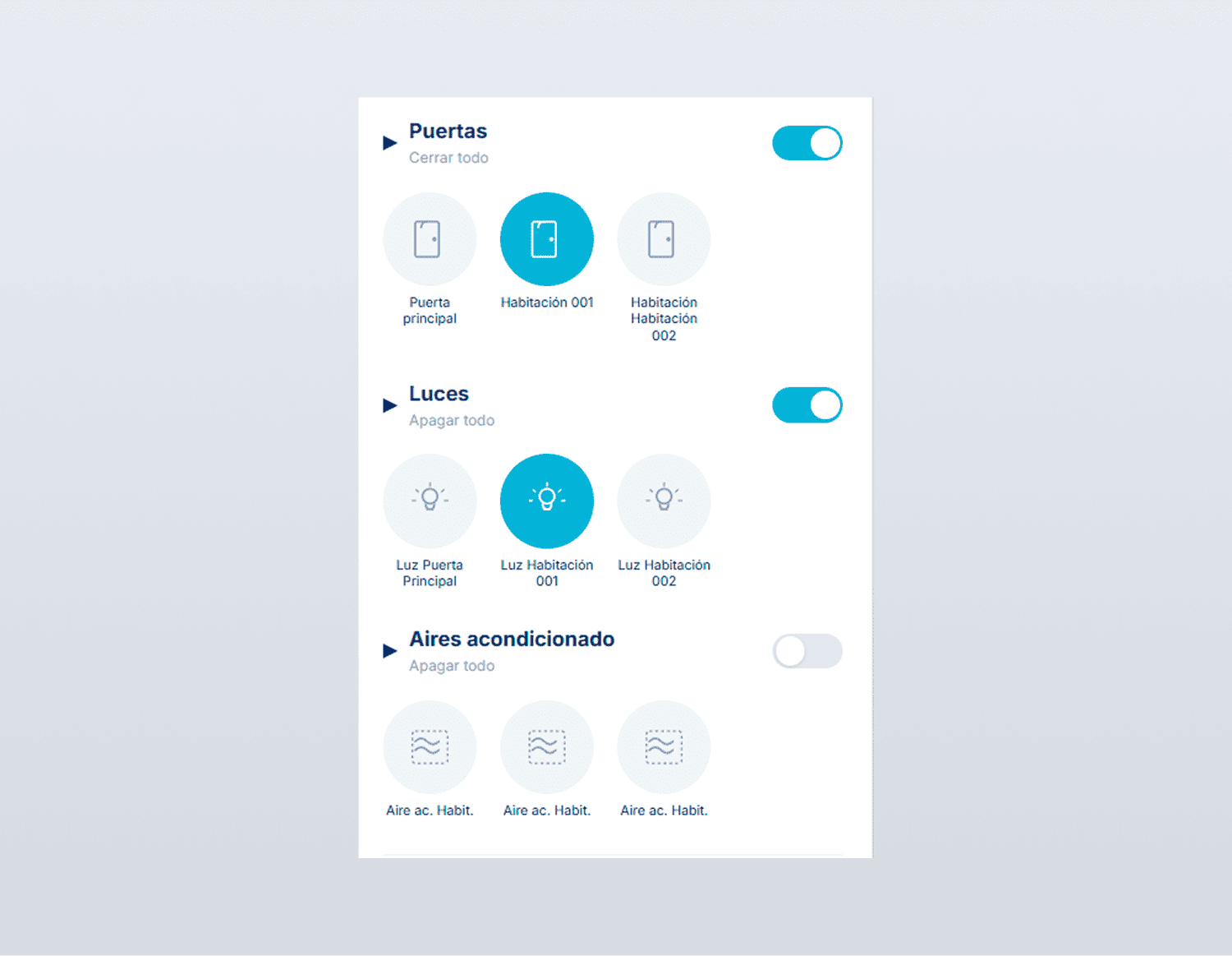Home control panel with toggles for doors, lights, and air conditioning, showing active and inactive states.