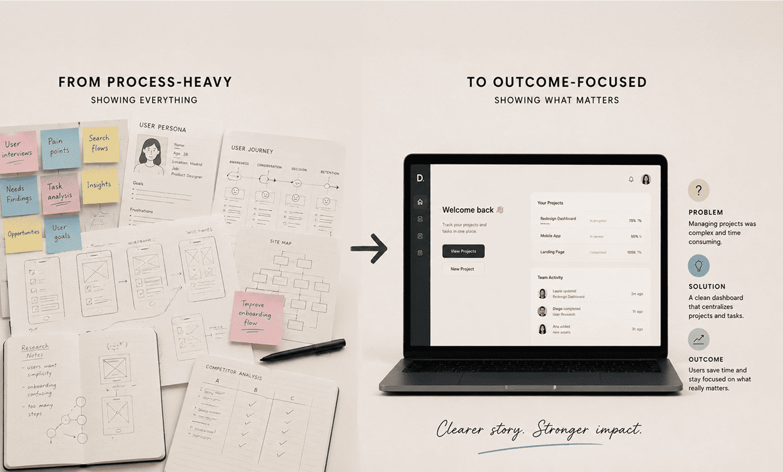 Left side shows scattered notes and diagrams; right side displays a clean project dashboard on laptop screen.