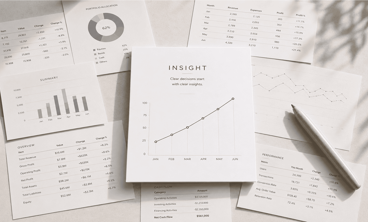 Financial reports with charts, tables, and a pen arranged on a desk reflecting data insights.