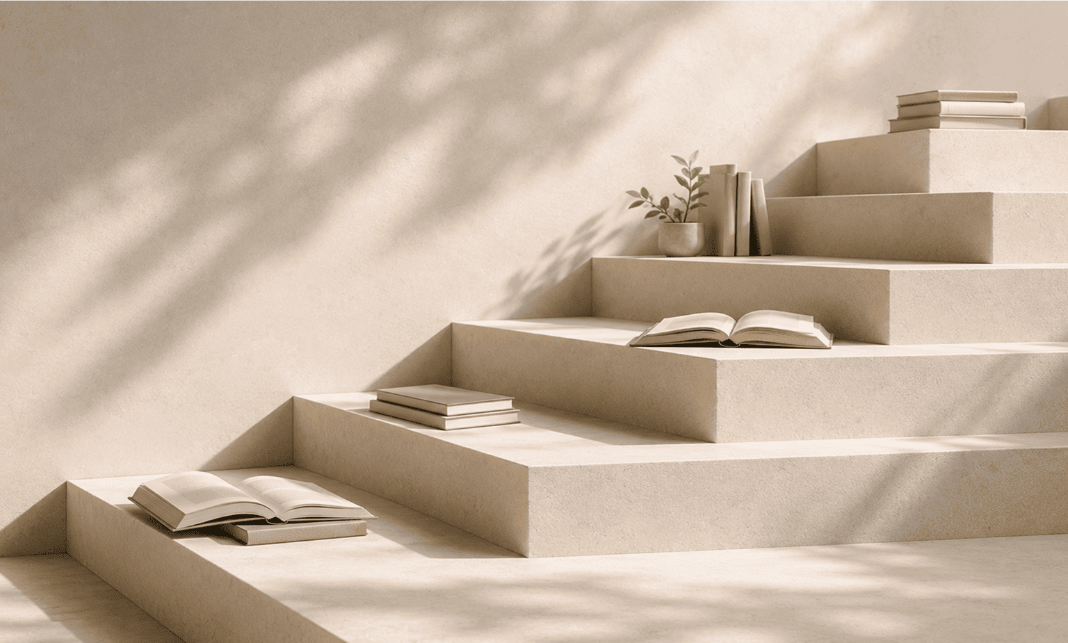 Beige stone steps with books and a small potted plant placed on different levels in soft sunlight.