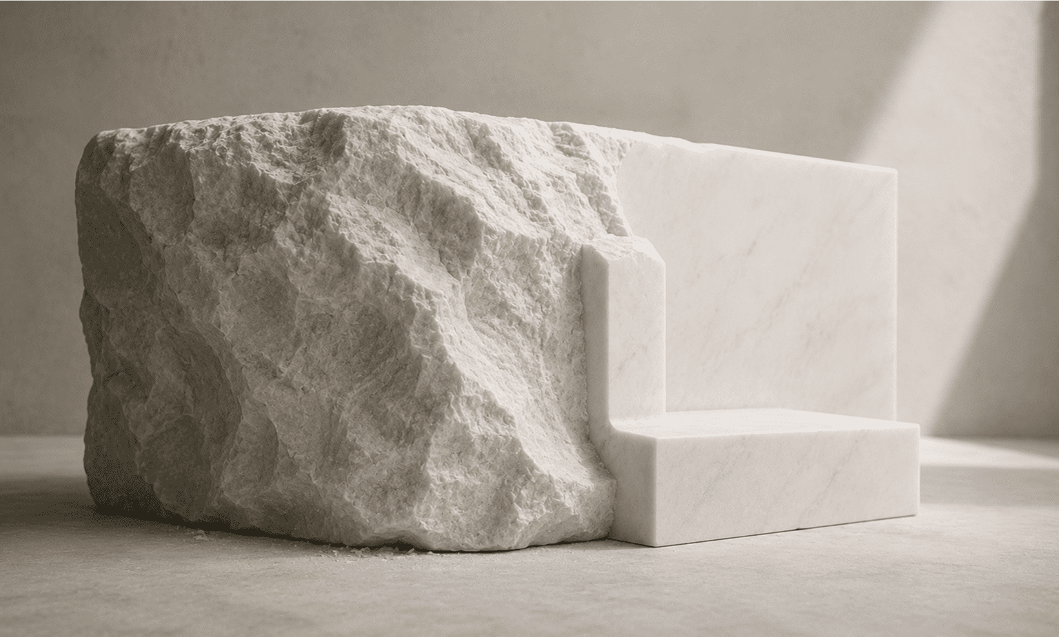 A block of marble with one side rough and the other side polished into a smooth chair shape.