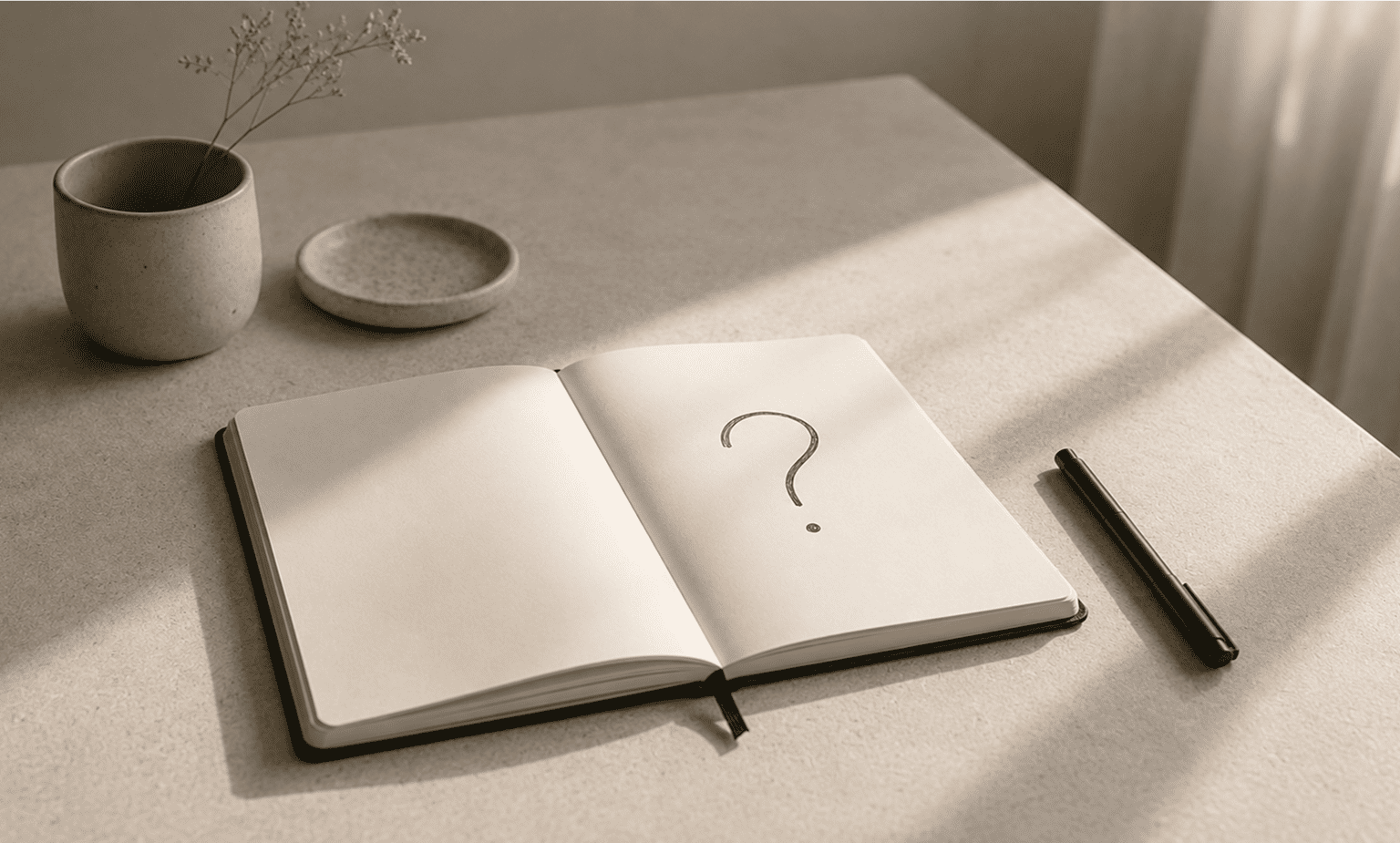 Open notebook on a table with a question mark drawn inside, beside a pen and a small pot with dried flowers.