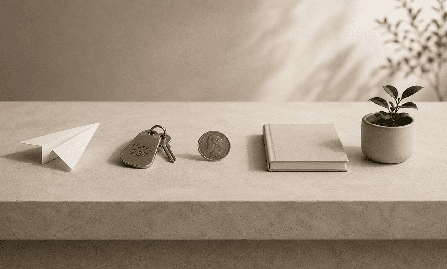 A paper plane, hotel key with keytag, coin, closed book, and potted plant arranged on stone surface.