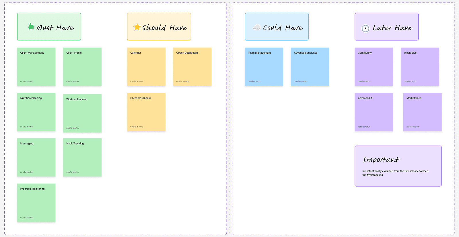 MVP features categorized as Must Have, Should Have, Could Have, and Later Have with listed tasks in colored boxes.