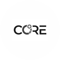 Logo with the word CORE in stylized black letters on a white circular background.