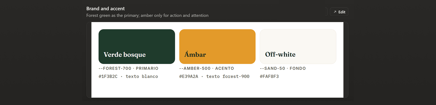 Color palette showing forest green, amber, and off-white with respective hex codes and usage labels.