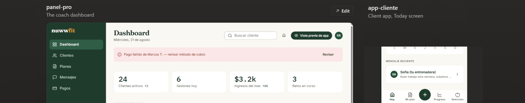 Dashboard showing active clients, sessions today, monthly income, and ongoing challenges in a coach app interface.