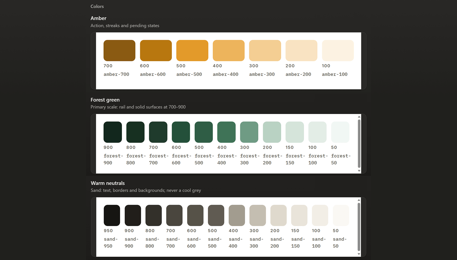 Color palettes of Amber, Forest green, and Warm neutrals with shades from dark to light and labeled codes.