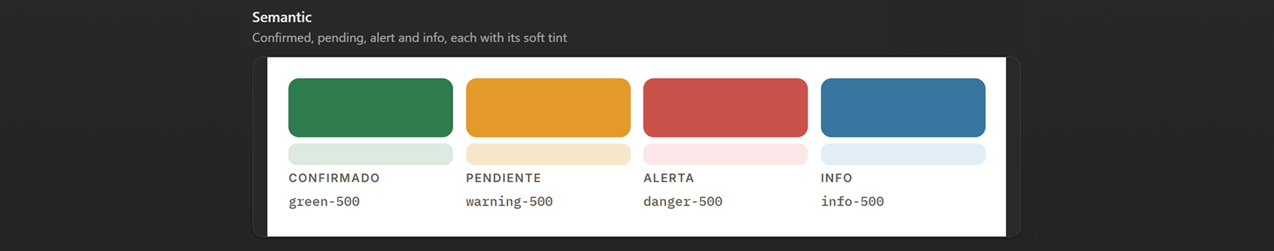 Semantic color chart with confirmed (green), pending (yellow), alert (red), and info (blue) labels and codes.
