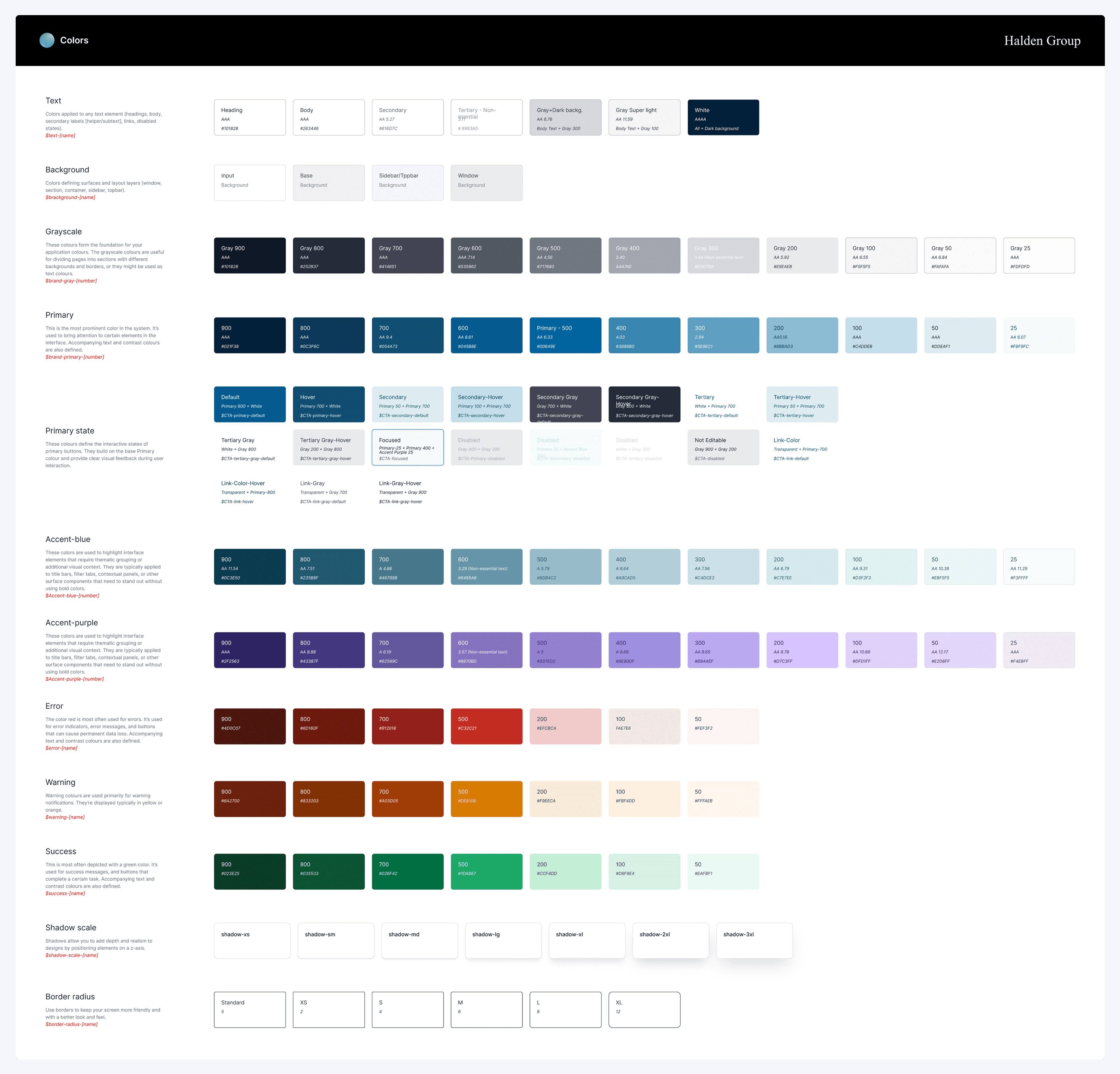 Colour palette showing multiple families with tint and shade ranges across the design system.