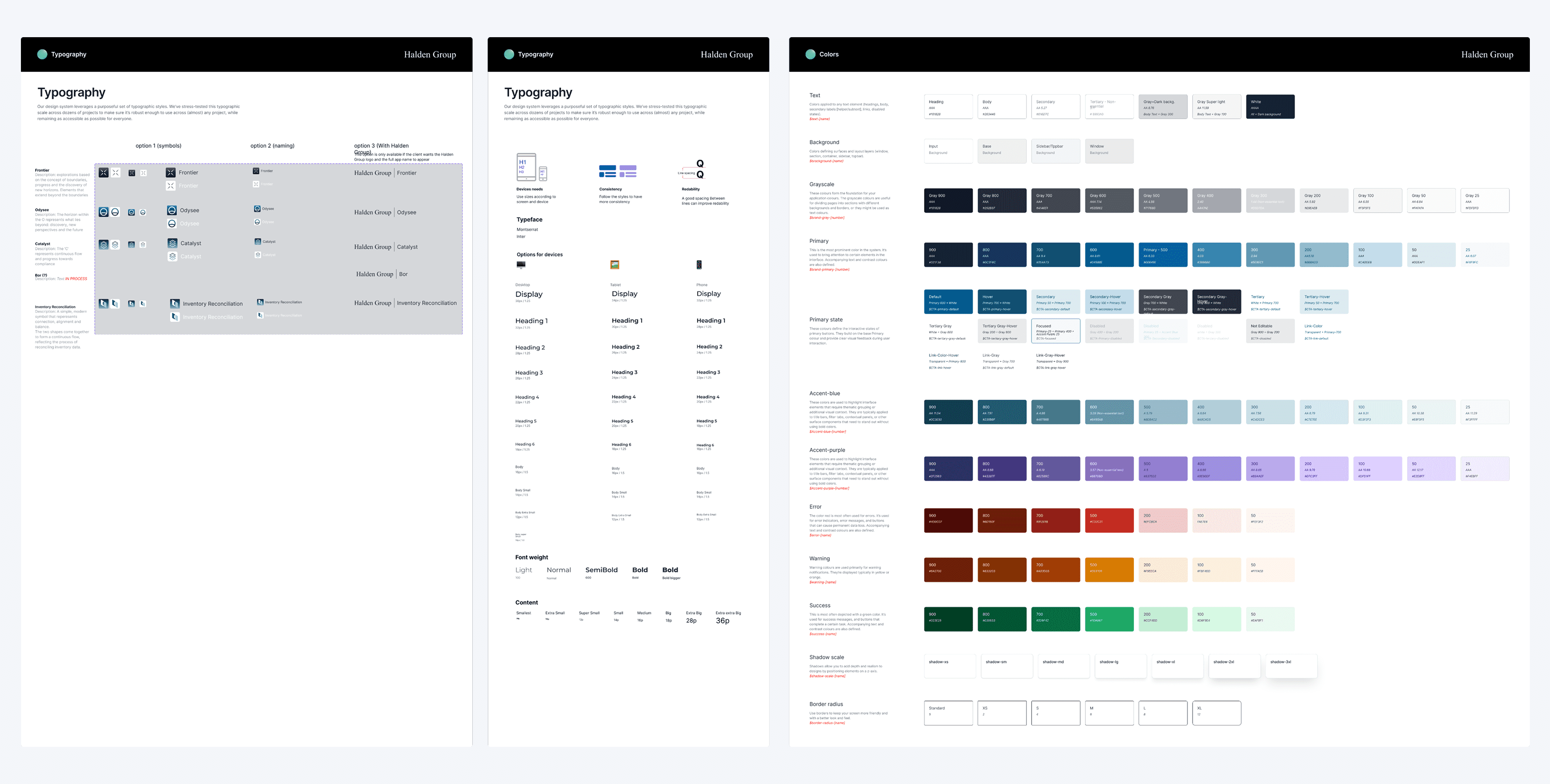 Overview of the design system's styleguide page showing typography, colour palette and table components in a single library.