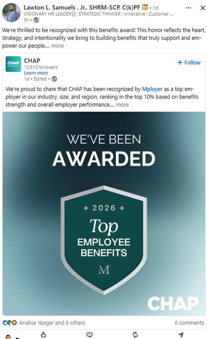 Employer celebrating their 2026 Great Employee Benefits recognition