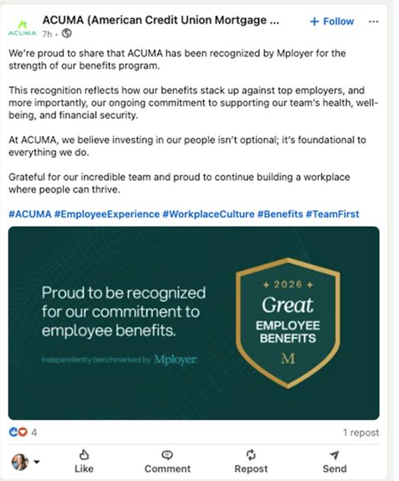Employer celebrating their 2026 Great Employee Benefits recognition