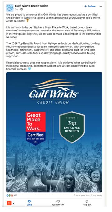 Employer celebrating their 2026 Great Employee Benefits recognition