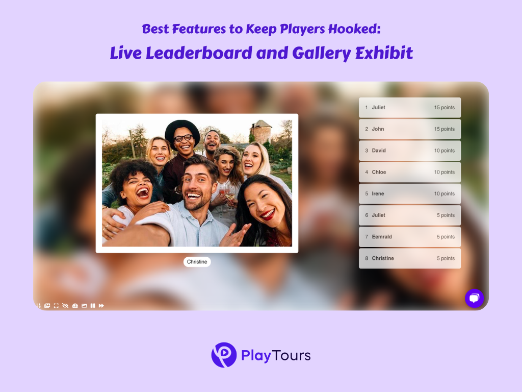 PlayTours scavenger hunt app with live leaderboard and photo gallery display