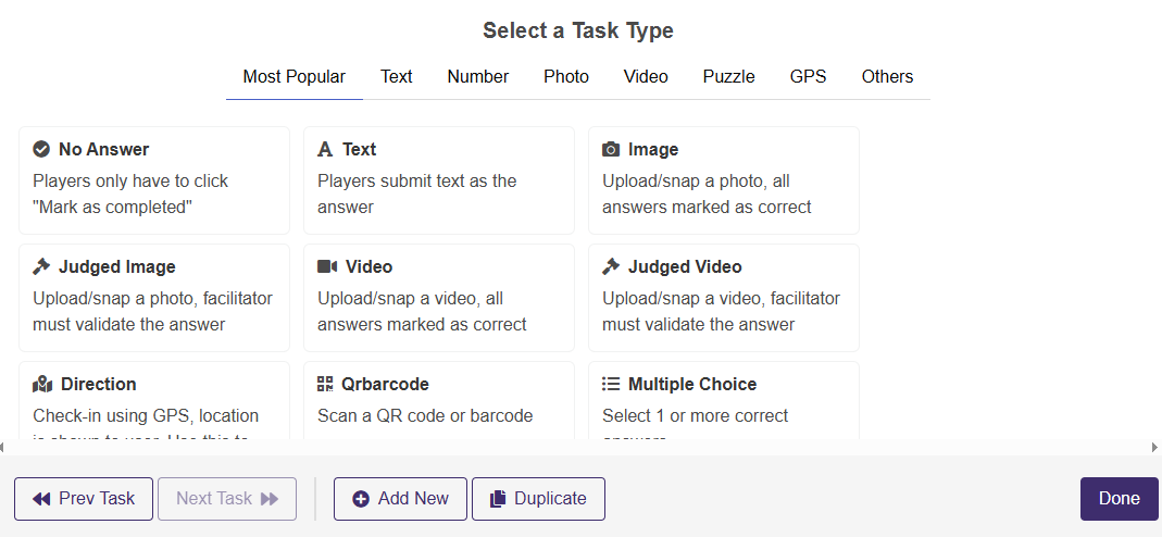 Screenshot of PlayTours scavenger hunt with multiple task types including quiz, image, and GPS challenges