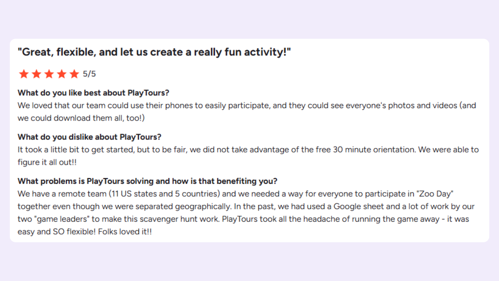 User reviews of PlayTours scavenger hunt app on G2 highlighting flexibility and support
