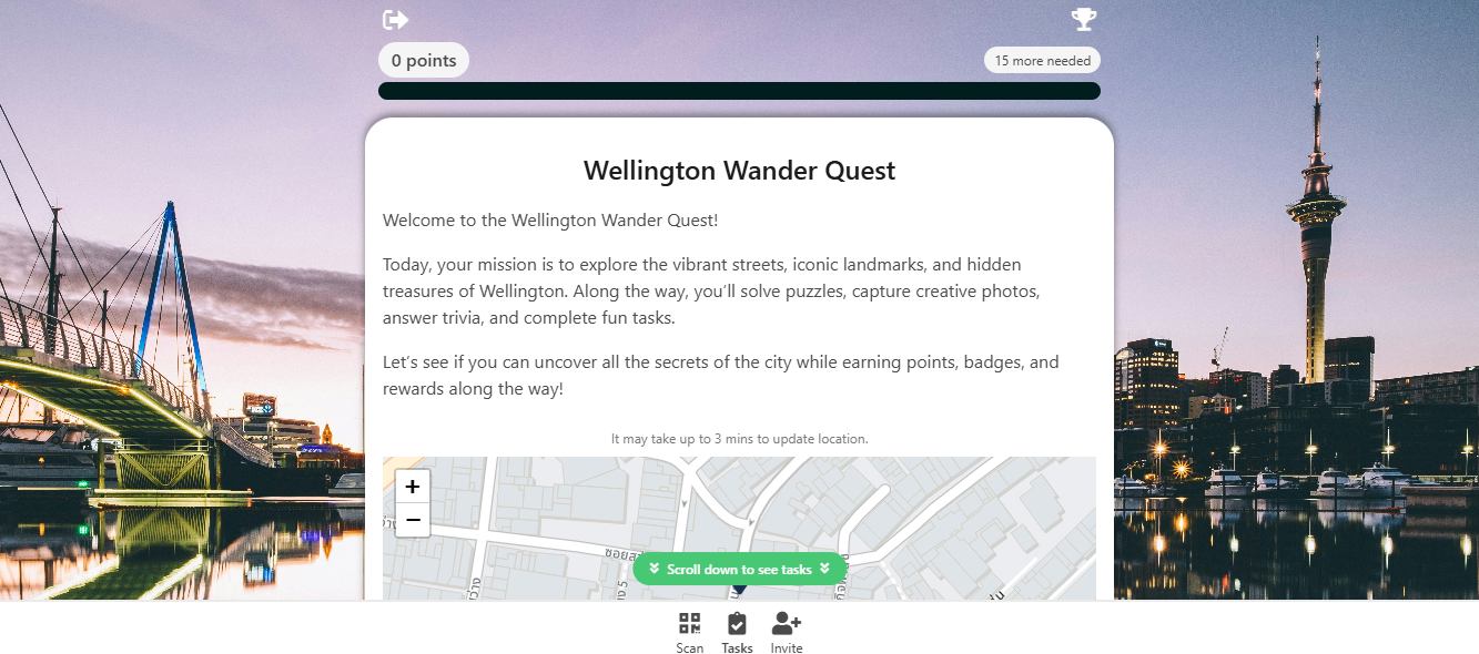 PlayTours Scavenger hunt app builder showing GPS-based navigation and clue-driven city exploration setup