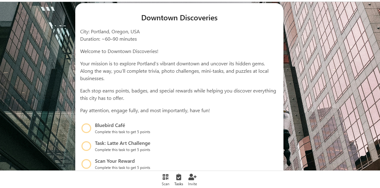 PlayTours cavenger hunt app interface with QR code tasks, in-store challenges, and rewards for local business engagement