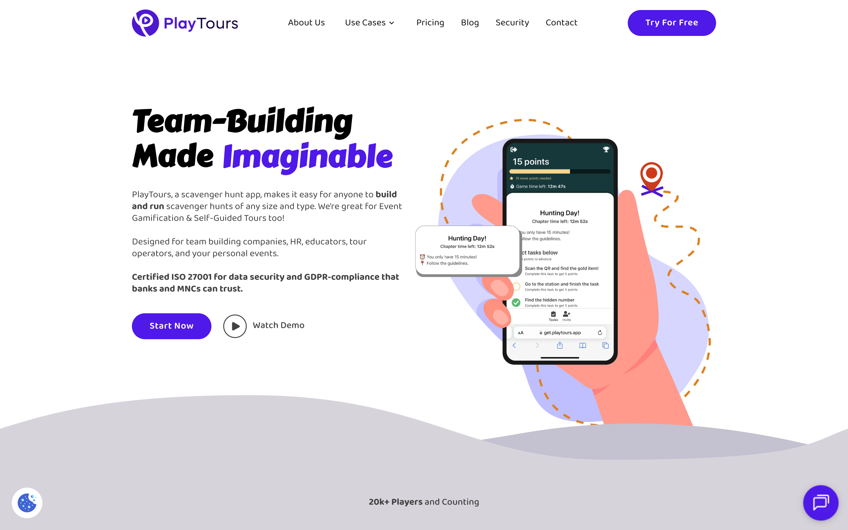 PlayTours homepage showing the scavenger hunt platform