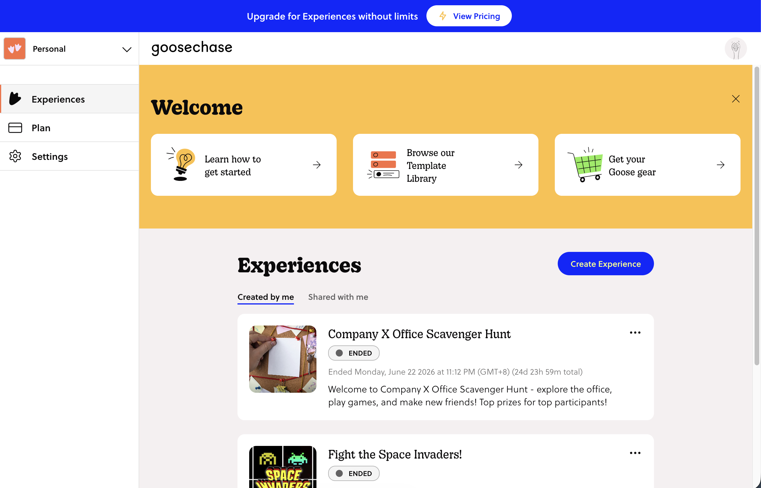 Goosechase Studio Experiences dashboard