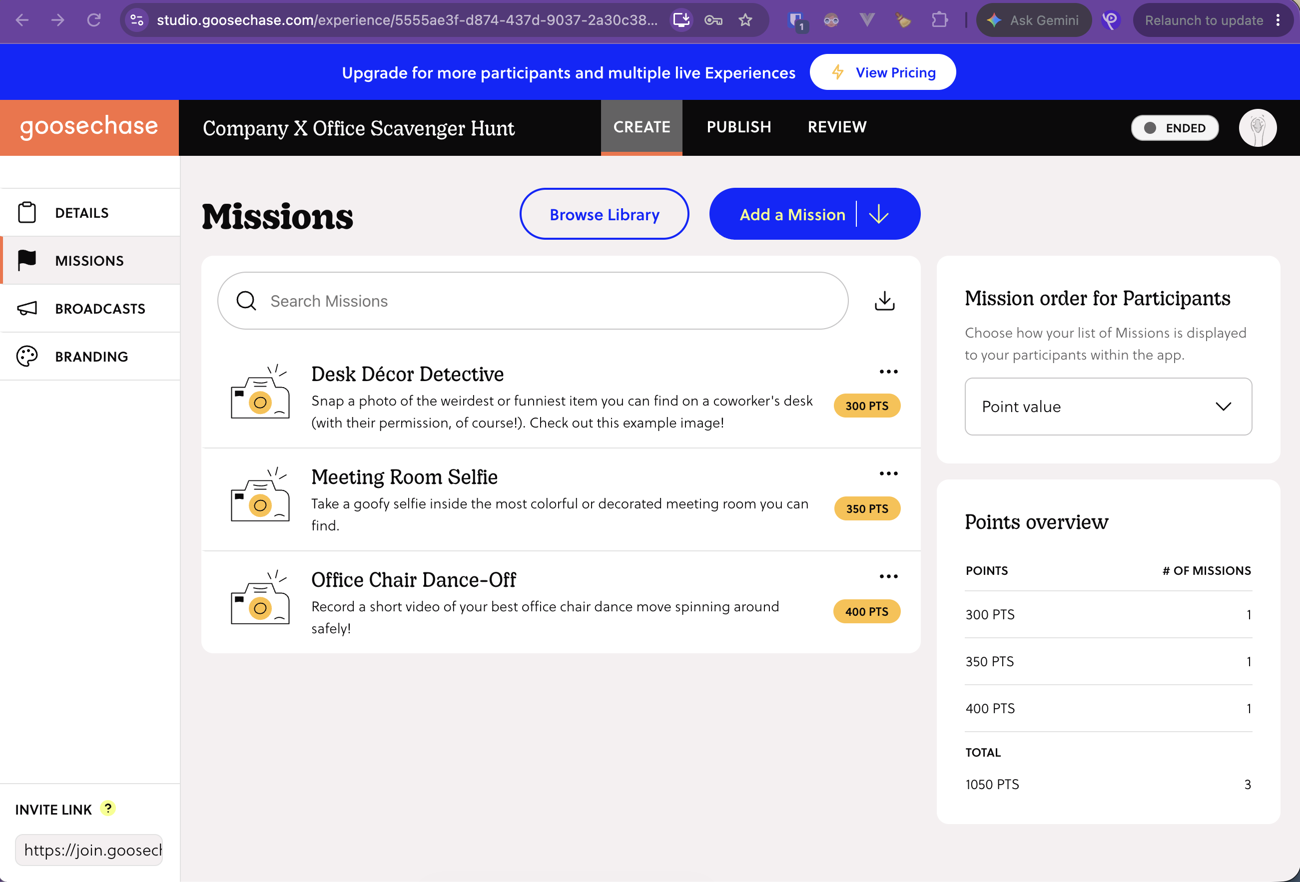 Goosechase Missions list with photo and video missions and points overview