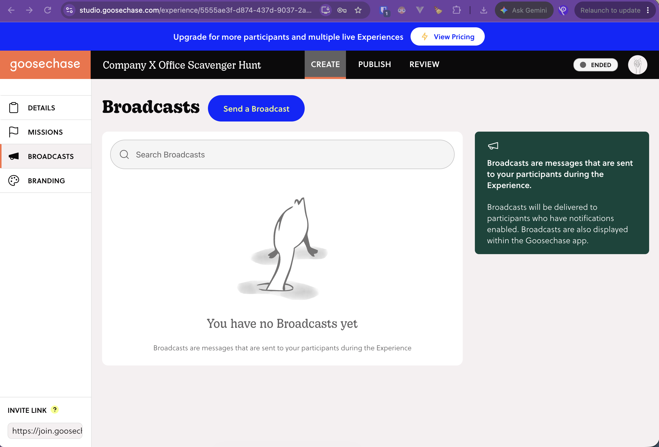 Goosechase Broadcasts empty state explaining in-app messages to participants