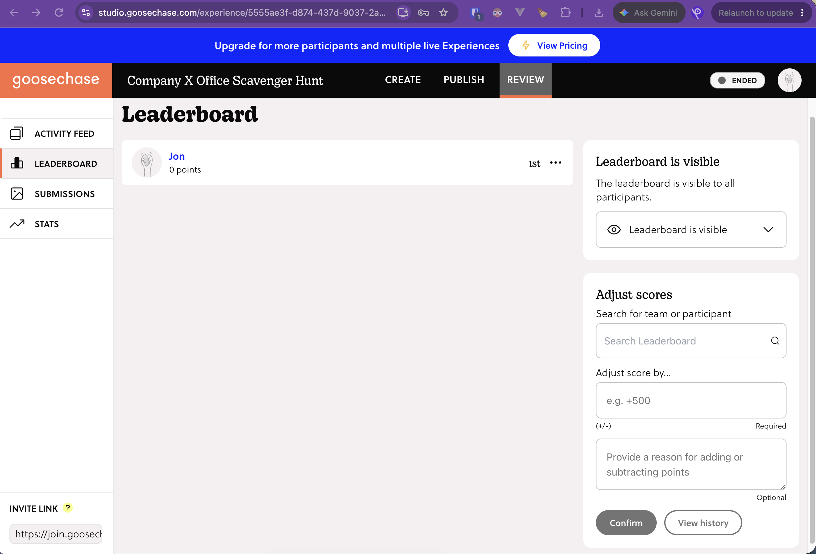 Goosechase Leaderboard with visibility controls and adjust scores panel