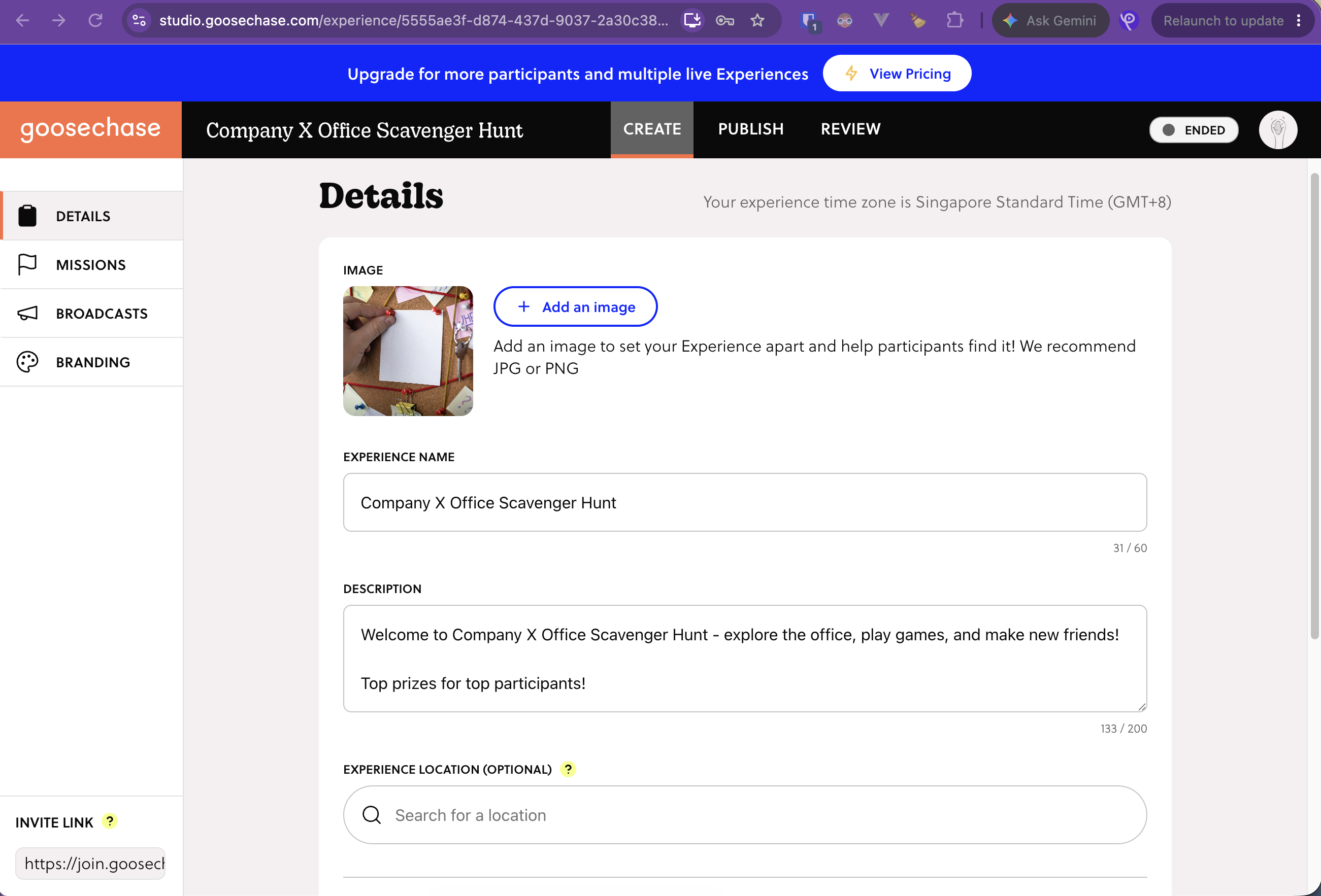 Goosechase Experience Details settings with name, description, location, and cover image