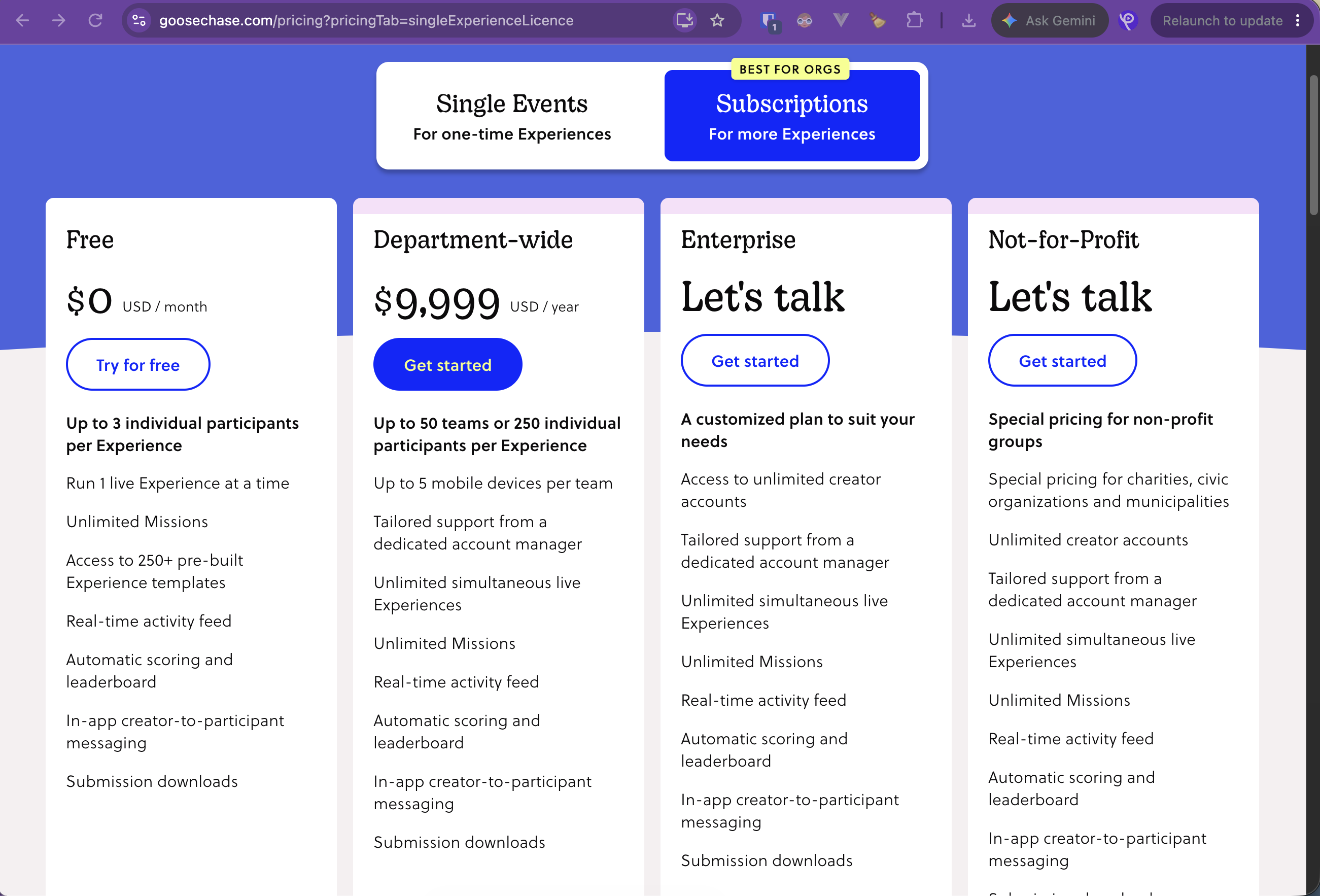 Goosechase Subscriptions pricing with Free, Department-wide 9999 per year, Enterprise, and Not-for-Profit