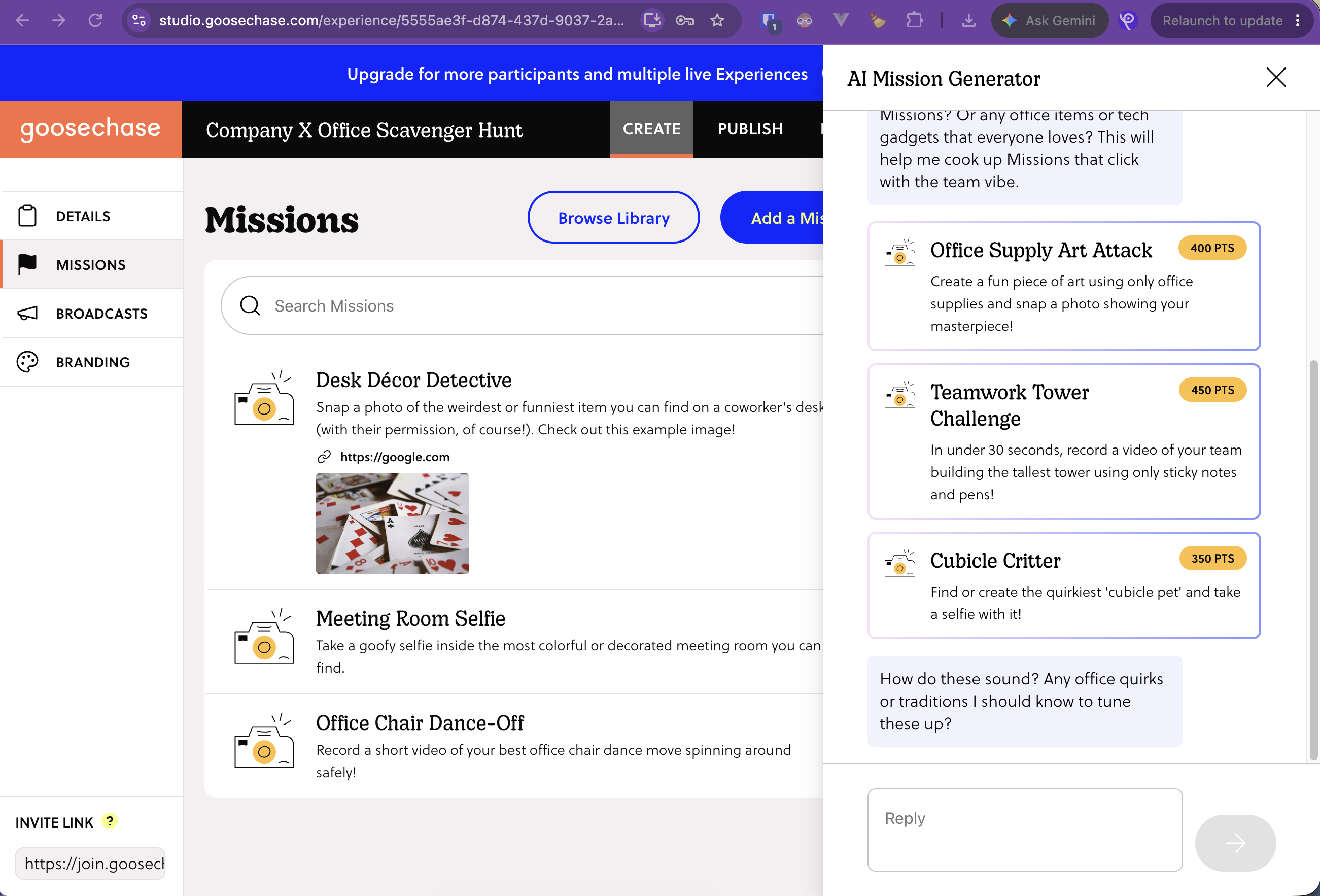 Goosechase AI Mission Generator suggesting office team-building photo and video missions