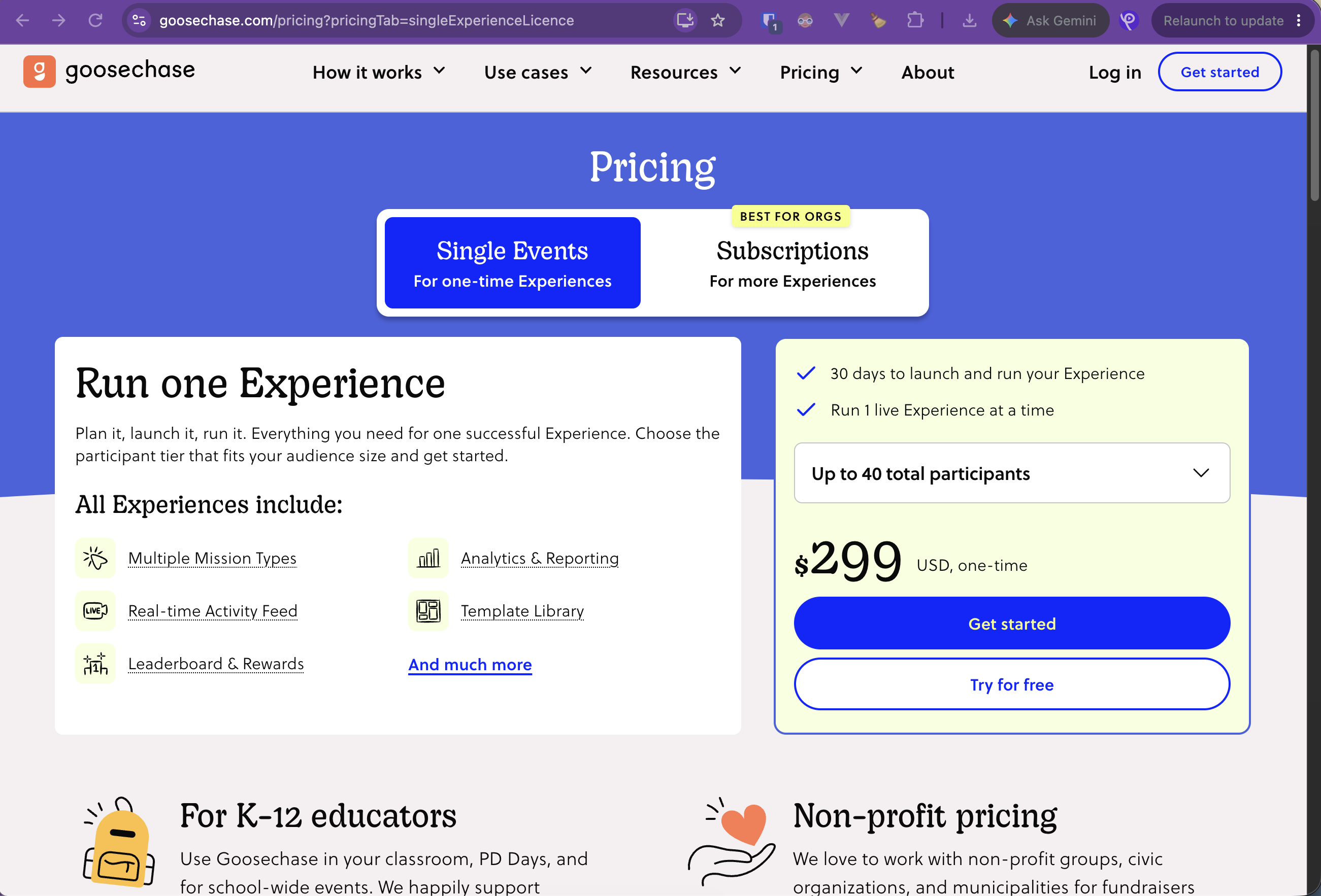 Goosechase Single Events pricing card showing 30 days, 1 live Experience, and participant tier pricing