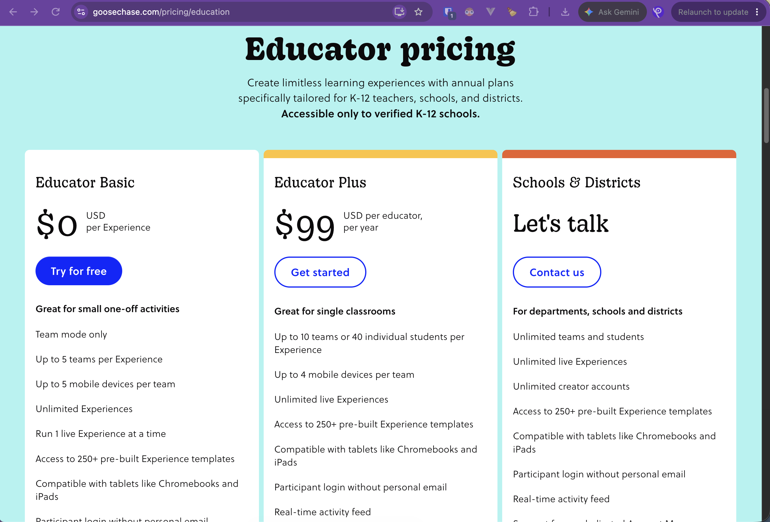 Goosechase Educator pricing with Basic free, Plus 99 per educator per year, and Schools and Districts custom