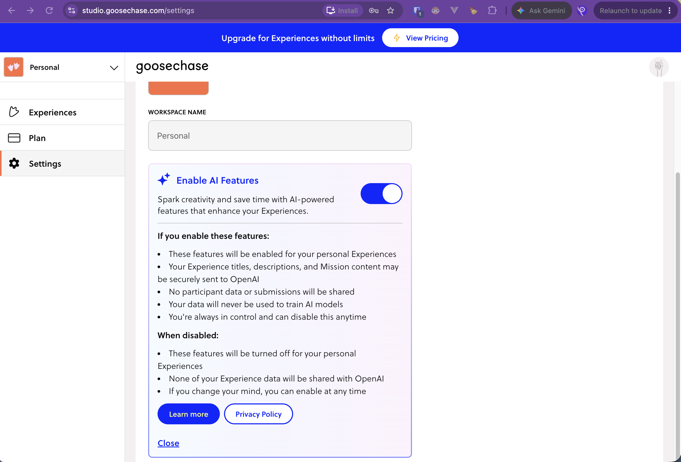 Goosechase Settings Enable AI Features panel explaining OpenAI data usage and privacy