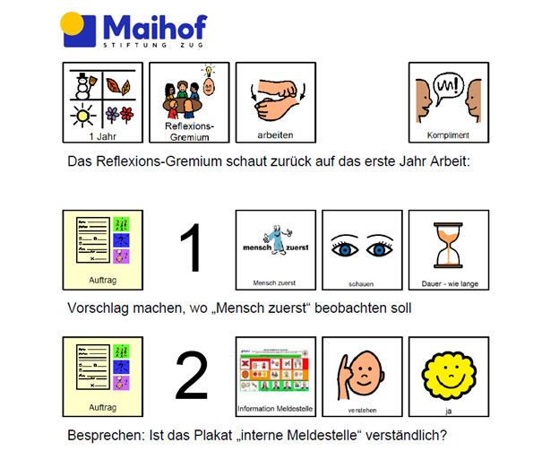 Plakat des Reflexionsgremiums mit Piktogrammen und Text in einfacher Sprache