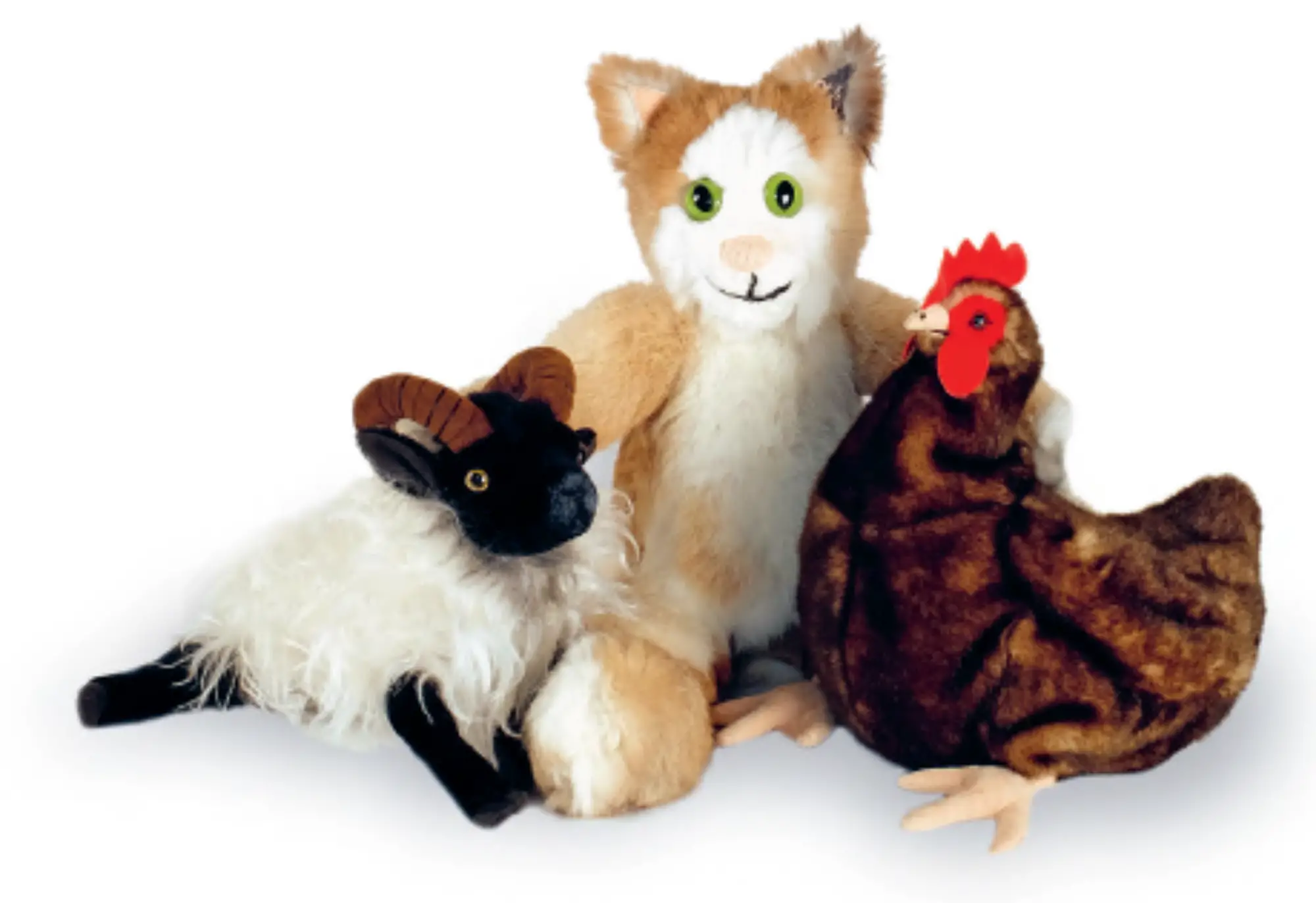 Plüschfiguren Katze Caruso, Schaf und Huhn