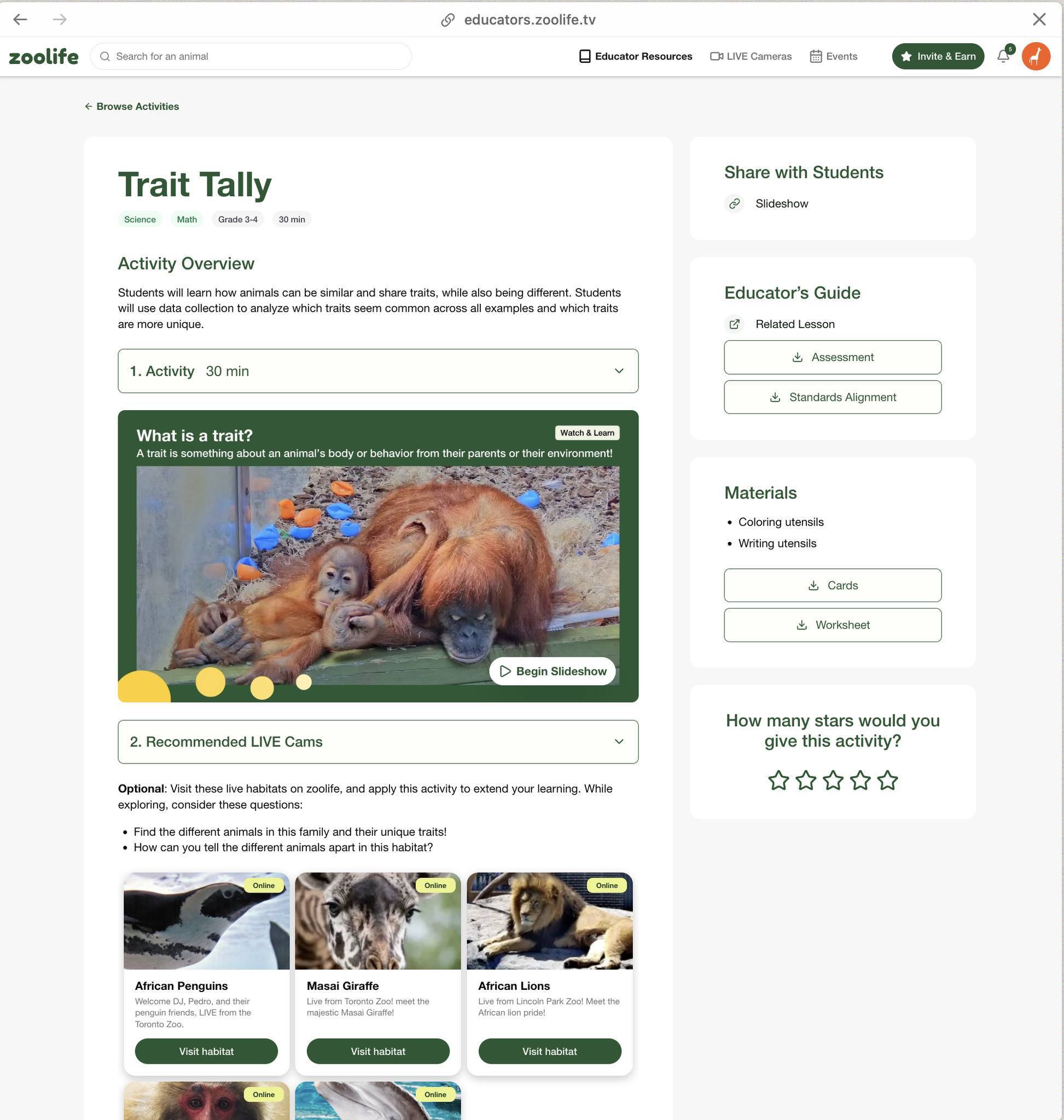 a screenshot of a pre-generated lesson plan on zoolife