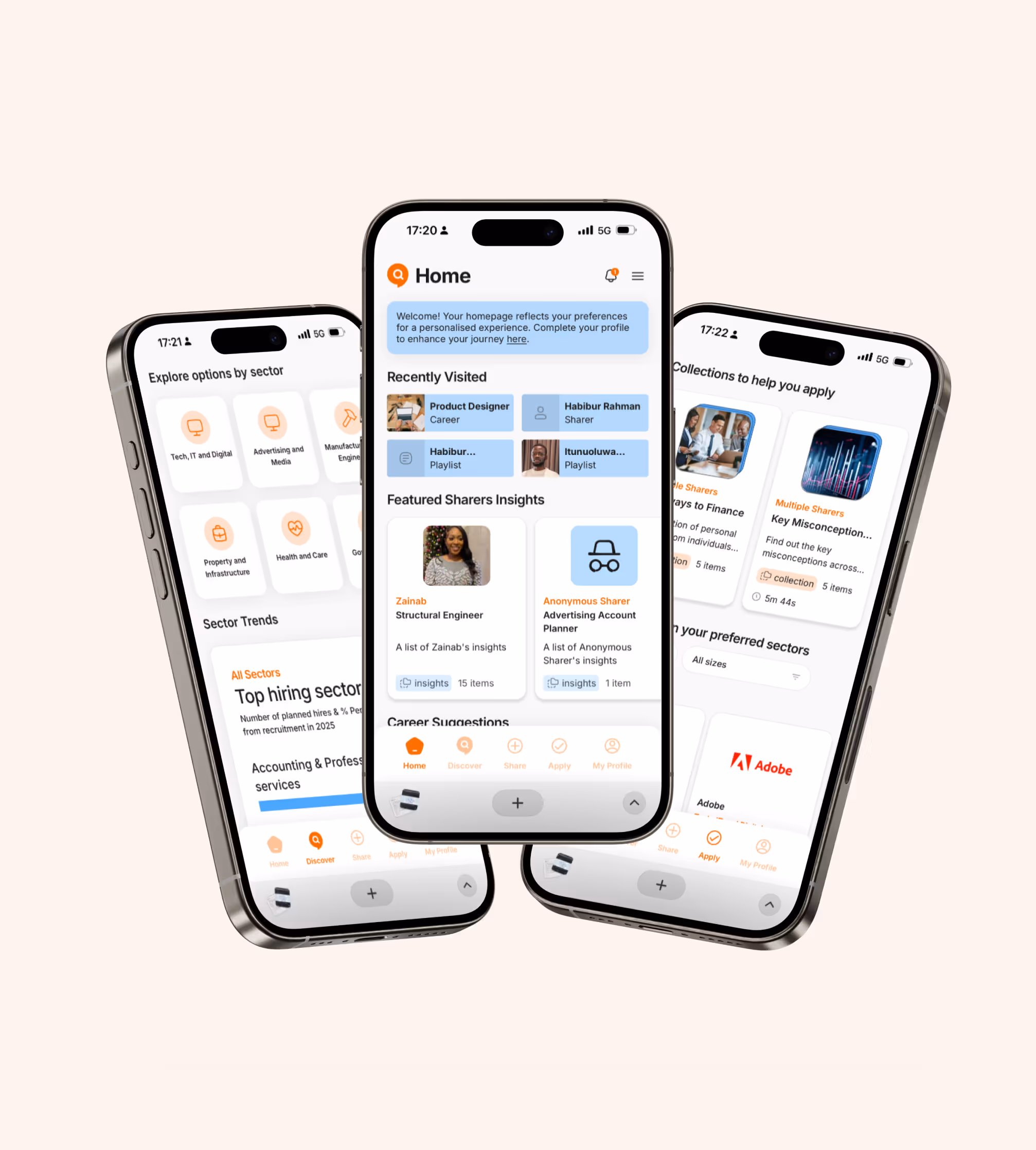 Three smartphones displaying a career and job application app with sections for home, sector options, featured insights, collections, and career suggestions.