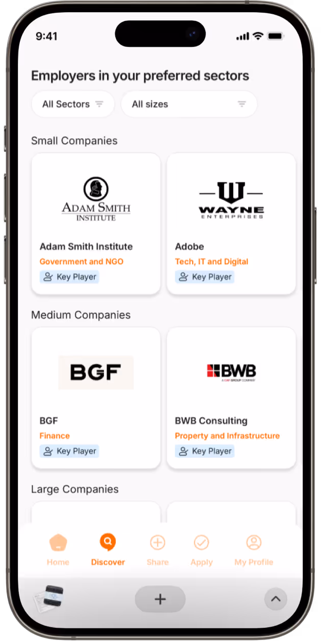 Mobile app screen showing preferred sector employers categorized by company size with logos and sectors for Adam Smith Institute, Adobe, BGF, and BWB Consulting.