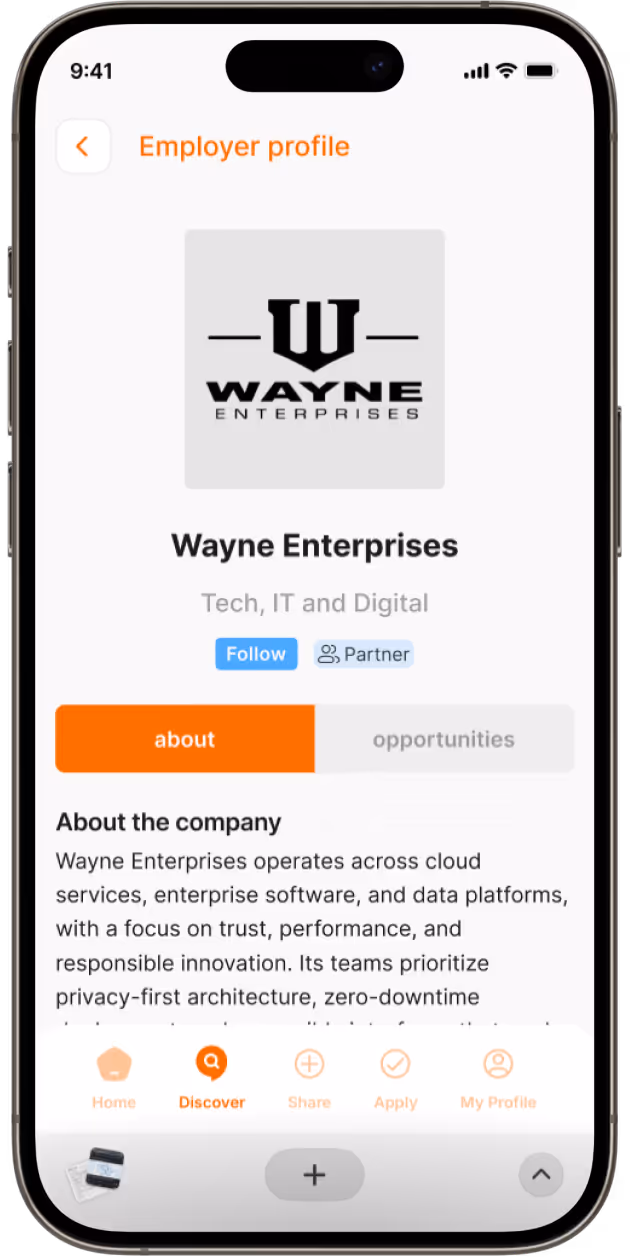 Mobile screen showing Wayne Enterprises employer profile with company logo, industry as Tech, IT and Digital, follow and partner buttons, and part of the company description.