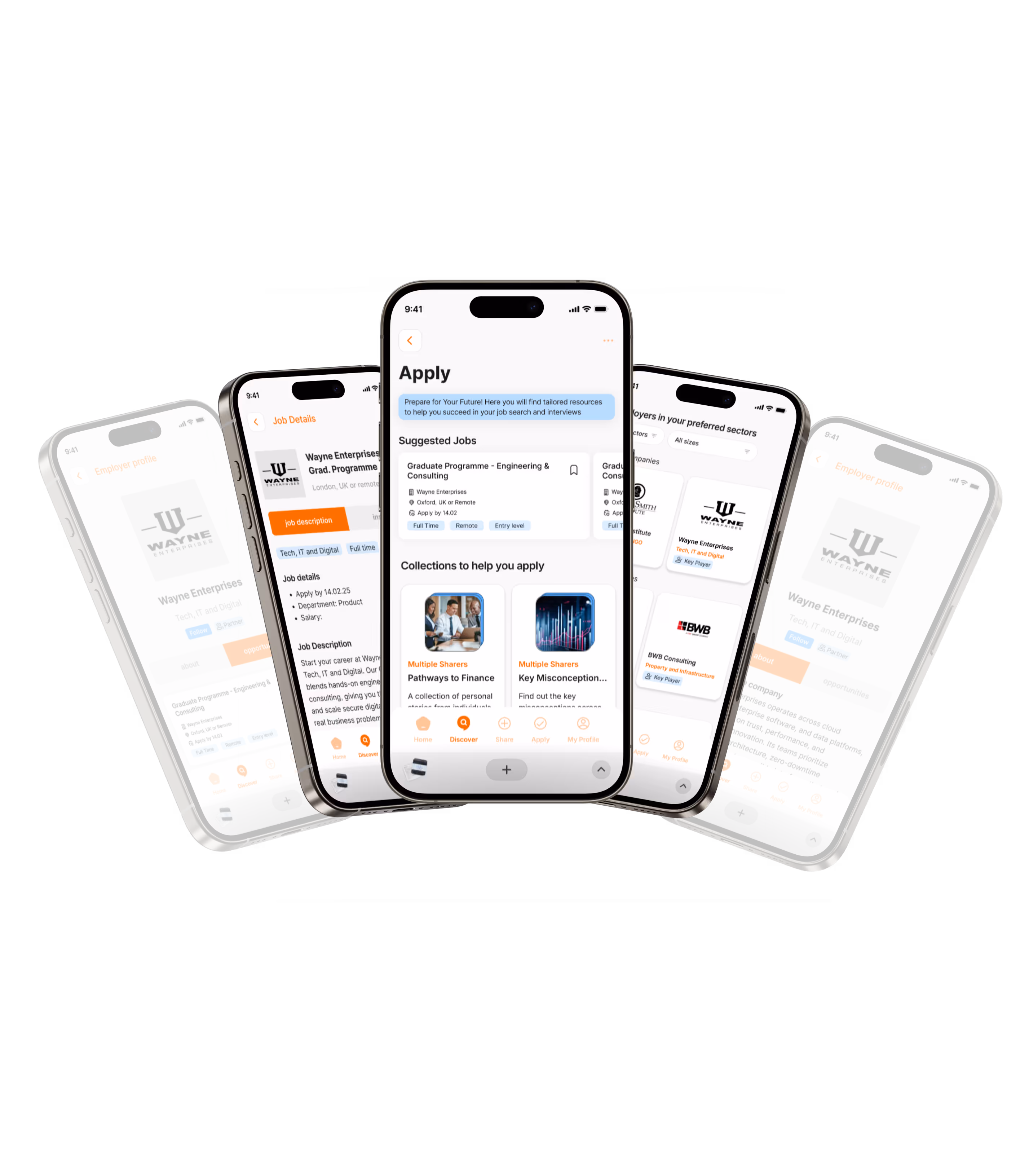 Five smartphones displaying a job application app showcasing employer profiles, job details, suggested jobs, and application resources.