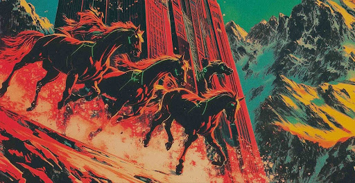 Vivid artwork of wild horses charging down a fiery slope beside towering mountains and glowing city structures.