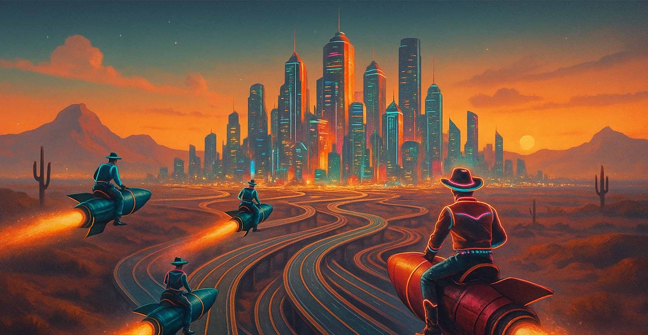 Futuristic cowboys rocket toward a neon-lit city at sunset, blending sci-fi adventure with desert western energy.