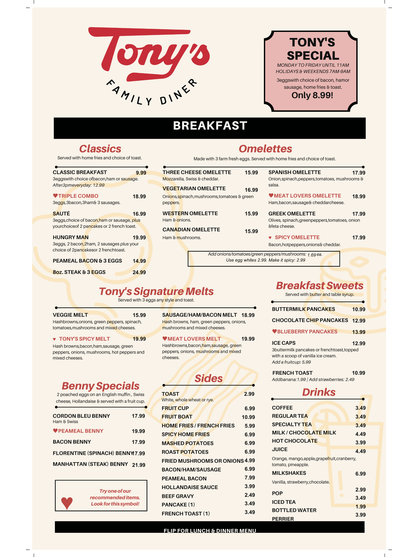 Tony's Family Diner Menu 1