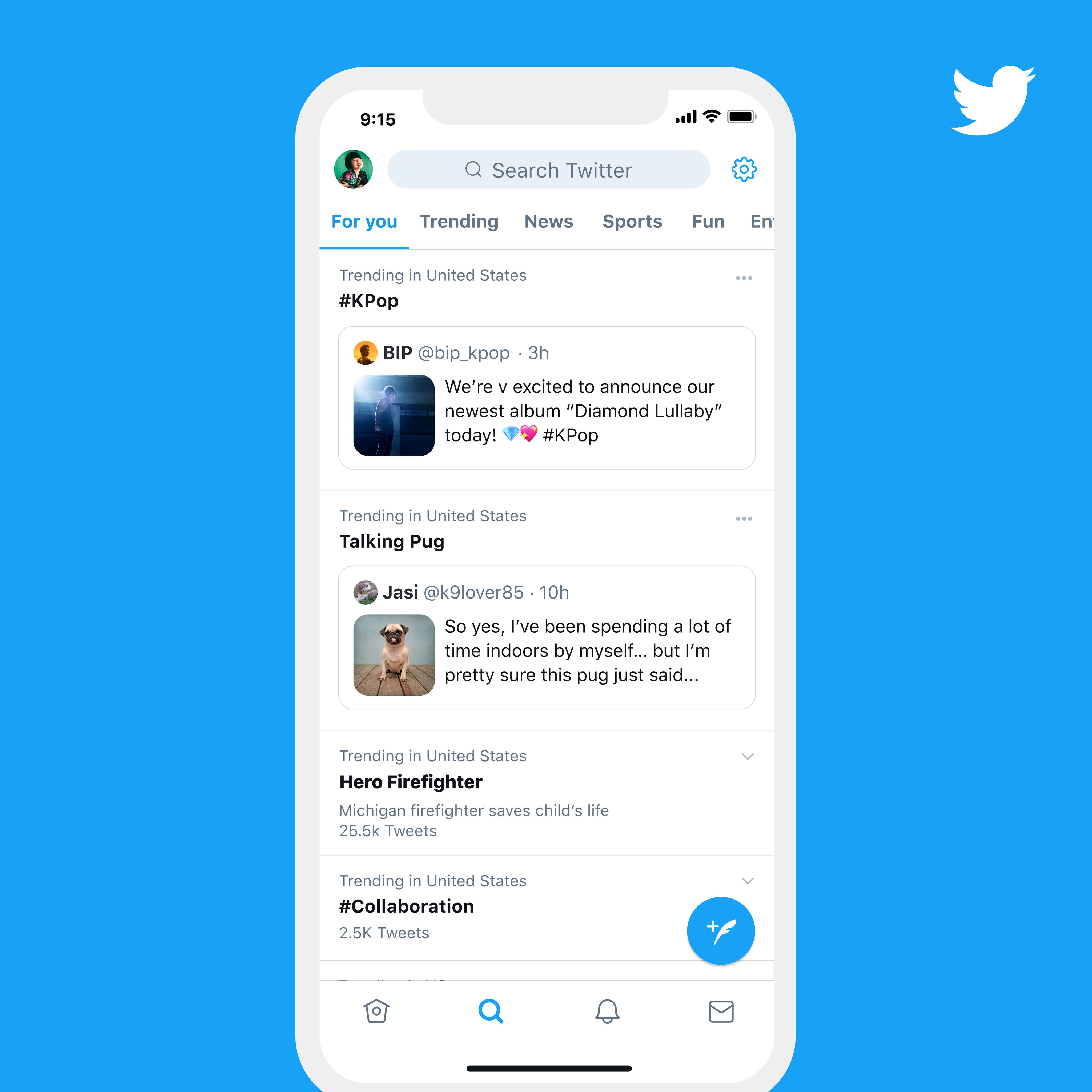 A screenshot of Twitter's For You tab showing a few contextualized Trends. The Trends are contextualized with descriptive Tweets or a brief text.