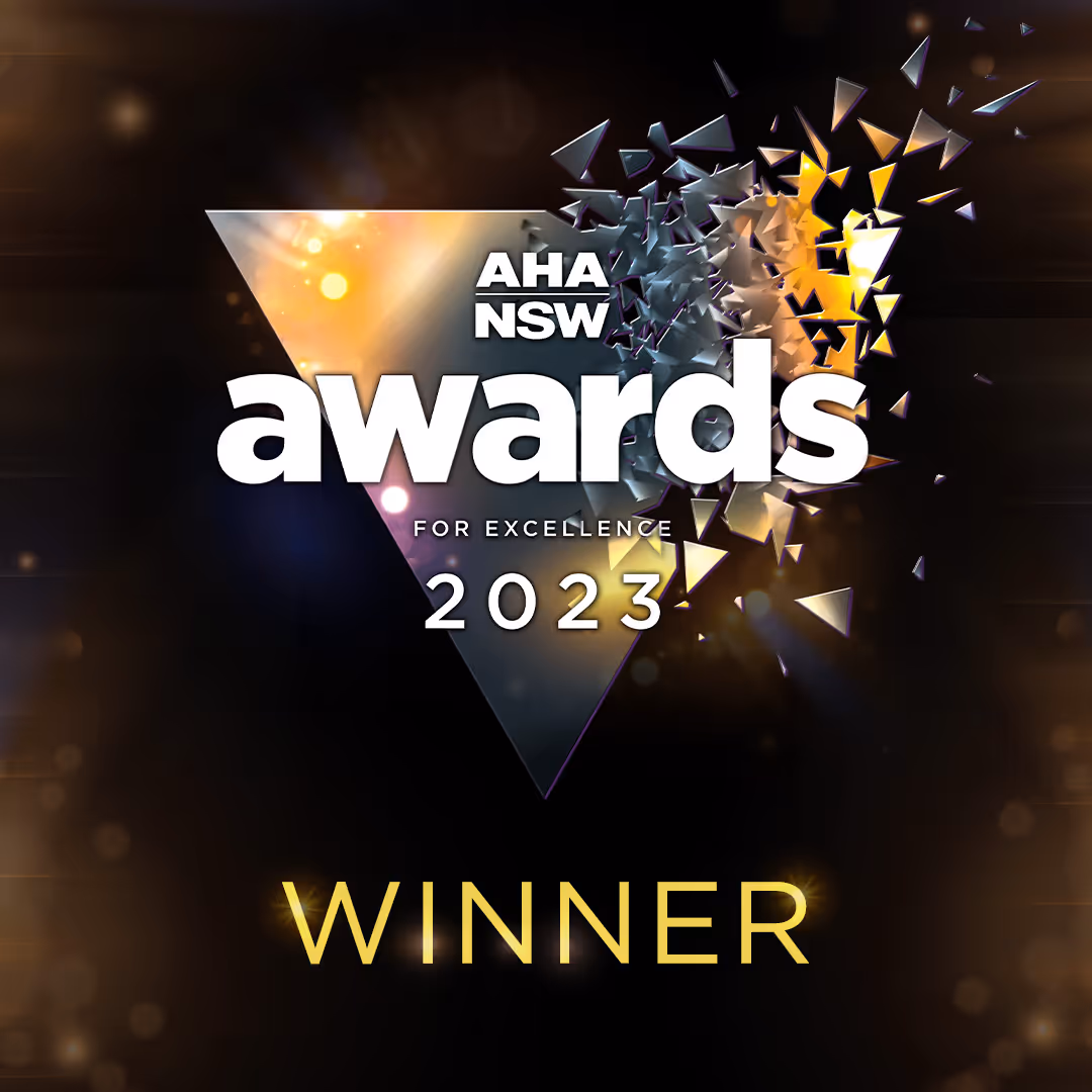 2023 winner badge from the Australian Hotels Association awards
