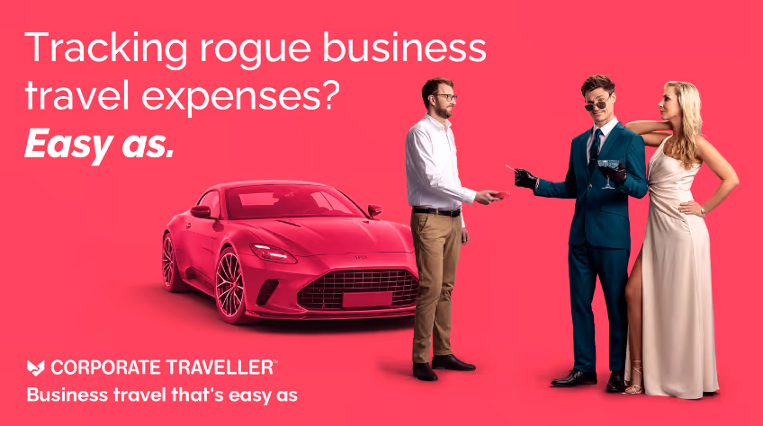 An Out of Home ad for Corporate Traveller, showing a rogue spy paying for a very expensive car. The headline reads: Tracking rogue business travel expenses? Easy as.