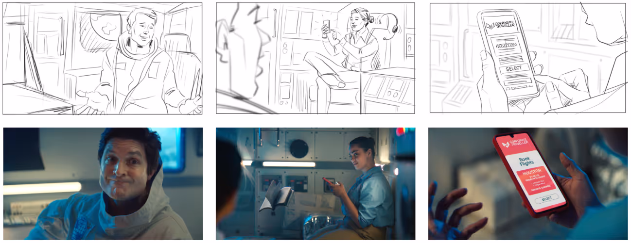 A compairosn between storyboards developed prior to filming the TVC with the same shots from the finished TV commercial. They're pretty darn close!