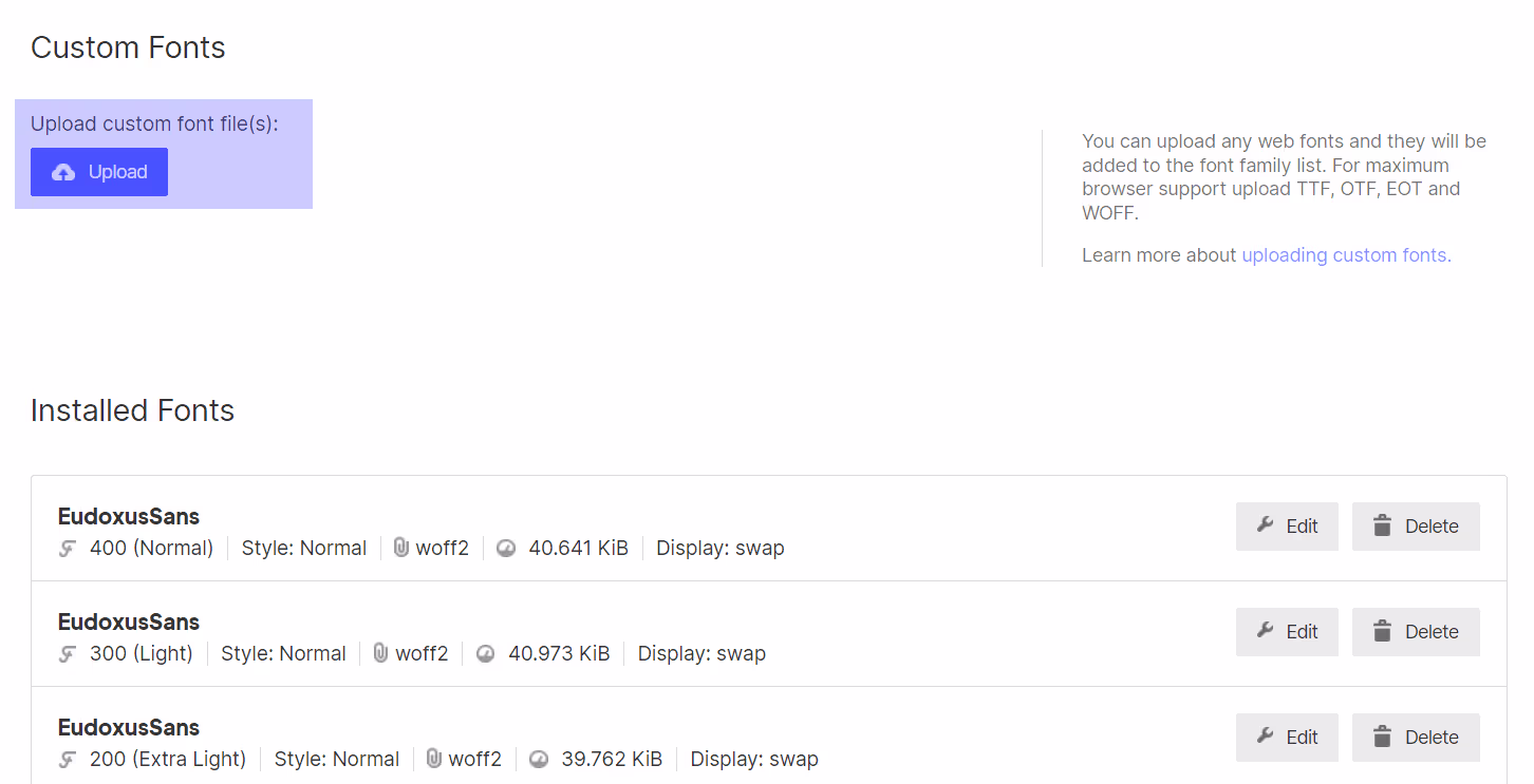 Settings to pload custom font